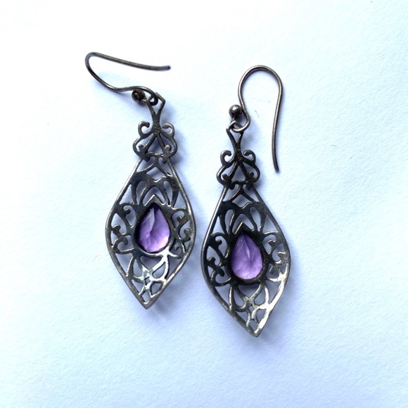 Amethyst earrings. Fish hook, pierced, dangle. - Picture 2 of 2